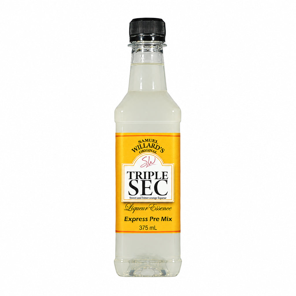 A bottle of Samuel Willards Triple Sec Premix with a yellow label, clear liquid, and a black cap.